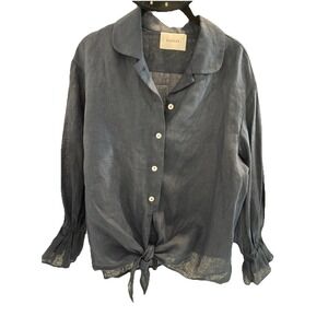 Sleeper Top Womens S Navy Blue Linen Long Ruffle Sleeve Knot Front Button Up EUC